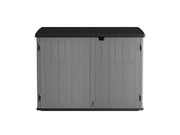 Craftsman outdoor storage shed CMXRCSCBMSC4752Z, grey panels, black lid, front angle, white background.
