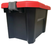 Black storage bin with red lid and gray latch, white background beauty shot, front angle.