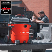 Craftsman wet/dry vacuum CMXZVBE37413 with hose on truck bed, used for auto cleaning.