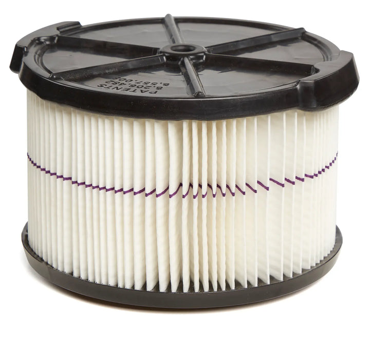 A cylindrical air filter with pleated white material and black plastic end caps, used in machinery or appliances to trap dust and particles.