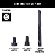 Craftsman black crevice tool and two adapters for vacuums, graphics, SKU CMXZVBE38786, front angle.