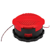 Photo of Craftsman CMZST260H trimmer line spool, red and black, front angle, visible cutting lines.